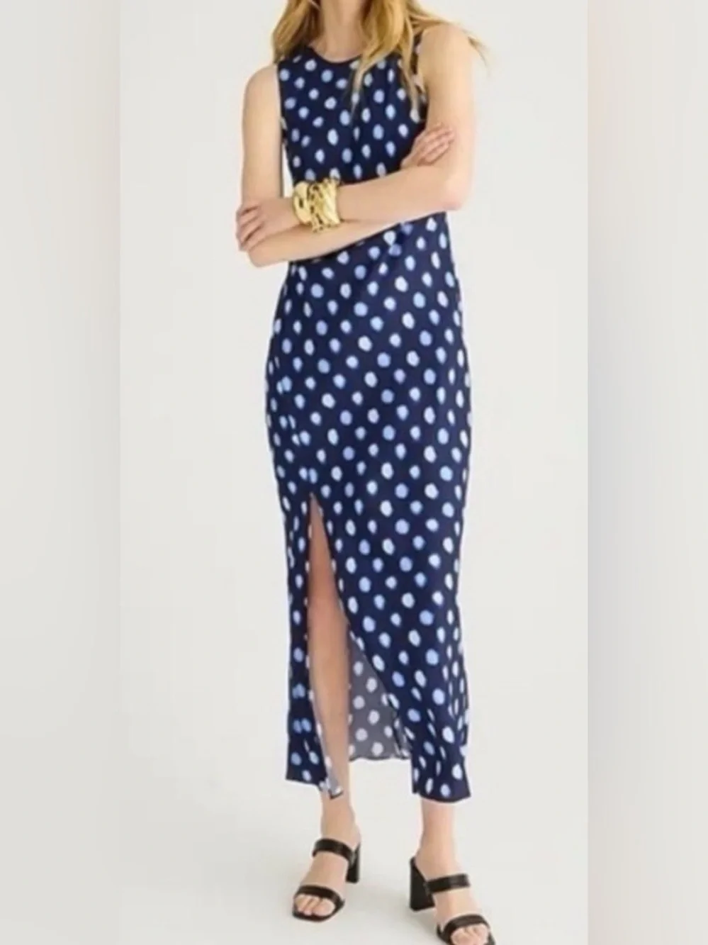 J. Crew High-neck Midi Dress in Blue Polka Dot Drapey Cupro Size 10